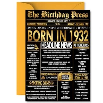 Image of Gold 93rd Birthday Card for Men Women Black &amp; Golden Newspaper Born in 1932 Happy 93 Cards Wife Nan Husband Auntie Grandma Grandad, A5 Bday Greeting