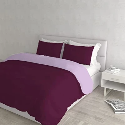 Image of Italian Bed Linen Natural Color Duvet Cover Set with Doubleface Solid Colour Bag Sheet and Pillowcase, lillac/Plum, double