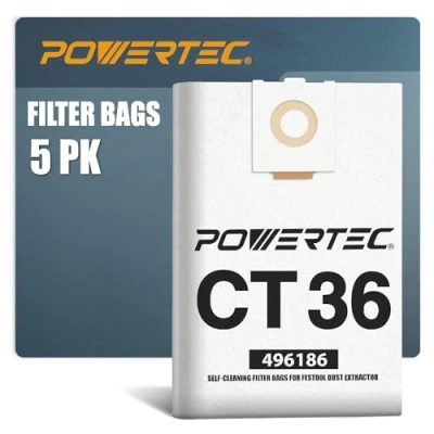 Image of POWERTEC 496186 Selfclean Filter Bag for Festool CT 36, 577084 5PK, CT36, CT36E Dust Extractor, Replacement Vacuum Bags, Bags (75038)