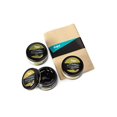 Image of Kaps Professional Boot and Shoe Polish Cream with Cotton Cloth Set of 3 White/Transparent/Black 50 ml./1.69 Oz. Each Made Natural Wax For Synthetic Leather Footwear Care