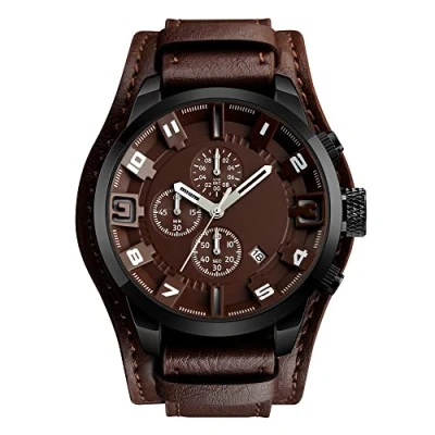 Image of FeiWen Mens Stainless Steel Analog Quartz Sports Watches Casual Fashion Punk Style Sub Dial Stopwatch Calendar Window Leather Band Business Wrist Style, Brown