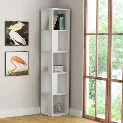 Image of HOCUS PICUS 5 Tier Corner Bookcase with Many Colour Options, 31.4 x 158.9 cm, Living Room Furniture, Easy to Assemble, Book Storage, Display Unit (Retro Grey)