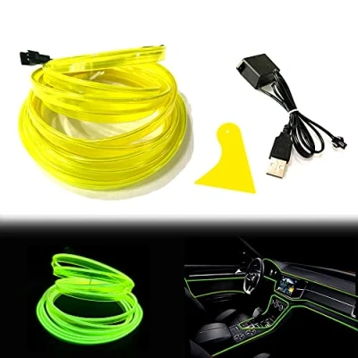 Image of Balabaxer El Wire Lemon Green Interior Car LED Strip Lights, 3M Neon USB 5V with Fuse Protection for Automotive Decoration 6mm Sewing Edge…
