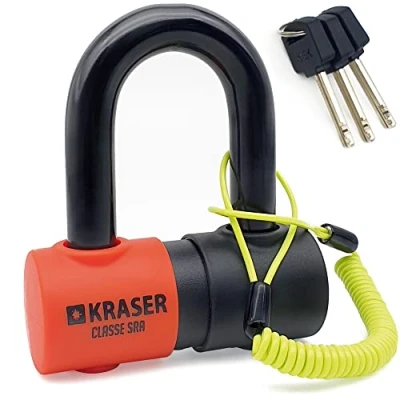 Image of KRASER KR50 Motorcycle Disc Lock Mini U SRA Approved, Tested Ultra Hardened 18 Steel Shackle, Double Locking Mechanism, Anti Pick Cylinder Lock, Reminder Cable, Moto Theft Wheel Brake