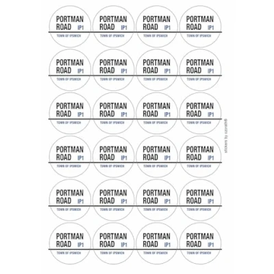 Image of Portman Road IP1 Town of Ipswich Sign Circular Matt Paper Stickers A4 Sheet 24 (Each Sticker is 45mm Diameter)