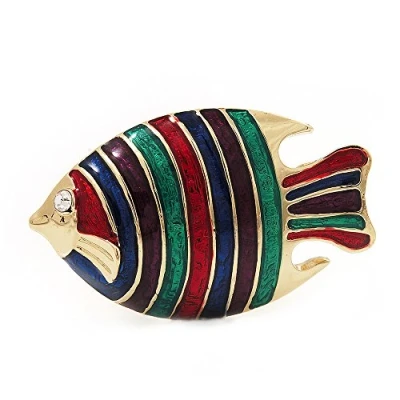 Image of Avalaya Multicoloured Enamel &#039;Fish&#039; Brooch in Gold Plated Metal