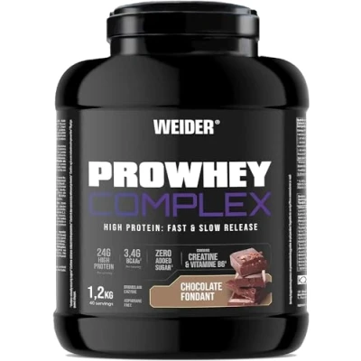 Image of Weider ProWhey Complex (1,2kg) Chocolate Fondant Flavour. Formula Based on Whey Protein Concentrate &amp; Isolate + Casein, with 3,4g BCAA/Serving, Creatine, L Glutamine, MCTs, Vitamin B6, Bromelain