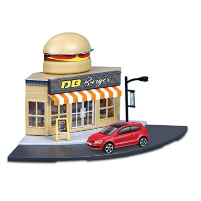 Image of Bburago STREET FIRE CITY FAST FOOD Restaurant Playset with VW Polo GTI Mark 5 Die Cast Car 1:43 Scale