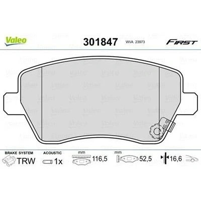 Image of 93192962, 93196184, 93196814 Brake pad set VALEO 301847 FIRST Front Axle incl. wear warning contact without anti squeak plate SUZUKI: Splash Hatchback