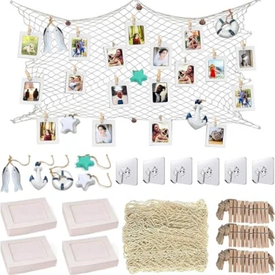 Image of White Fishing Net with 40 Paper Photos Frames Wall Decorations Fits 6x4 inch, for School Home Party Display Memories, Hanging on walls Ornaments Clips Set