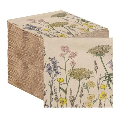Image of Table Kind 100 Bulk Pack Soft Recycled Paper Napkins, Floral Disposable Party Serviettes for Weddings or Everyday, Eco Friendly, Kraft Unbleached Home Compostable Recyclable Made in EU, 2ply, 33cm