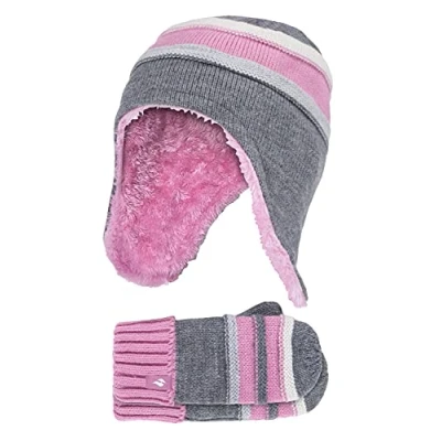 Image of HEAT HOLDERS Girls Winter Warm Pom Bobble Beanie Hat and Mittens Set (3 6 Years, Pebble Grey)