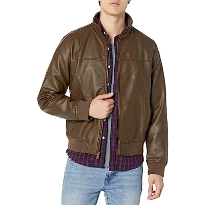 Image of Tommy Hilfiger Men&#039;s Smooth Lamb Touch Faux Leather Unfilled Windbreaker Bomber Jacket, Earth, XXL