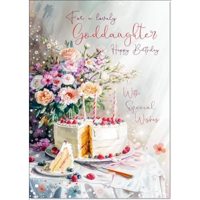 Image of doodlecards Goddaughter Birthday Card Cake and Flowers Medium Size with Plain Envelope