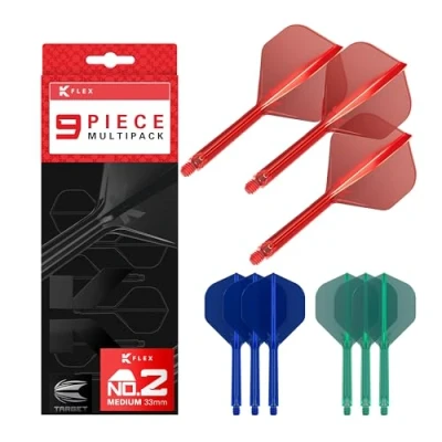 Image of TARGET Darts K Flex Integrated Dart Flights and Shafts, Medium Stem (33mm), No.2 Flight, 9 pack Bundle, Red, Blue &amp; Green