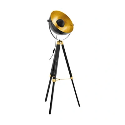 Image of Eglo Covaleda 1 Flame Industrial and Vintage Floor lamp, Made of Wood Steel with Brass, Black Gold Colours Standing Light, incl. Switch, E27 Socket