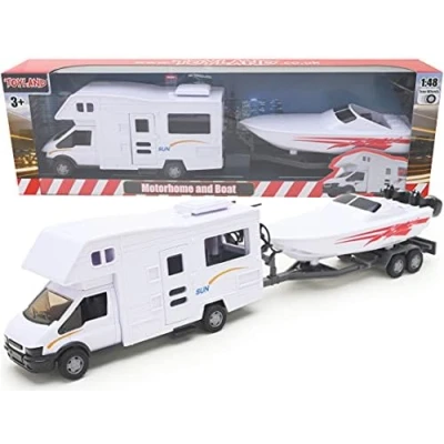 Image of Toyland® Motorhome Trailer &amp; Speed Boat Play Toys Vehicle 1:48 Scale (WHITE)