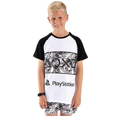 Image of PlayStation Pyjamas For Boys Kids Camo T Shirt With Shorts Gamer PJs Console Controller Gamepad Merchandise