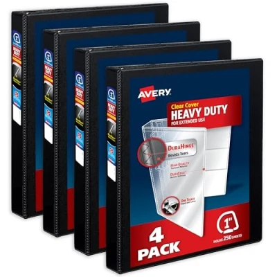 Image of Avery Heavy Duty View 3 Ring Binders, 1 Inch One Touch Slant Rings, DuraHinge, 1.4 Wide Spine, Customizable Clear Cover and Black Binders (4 Pack of 79868)
