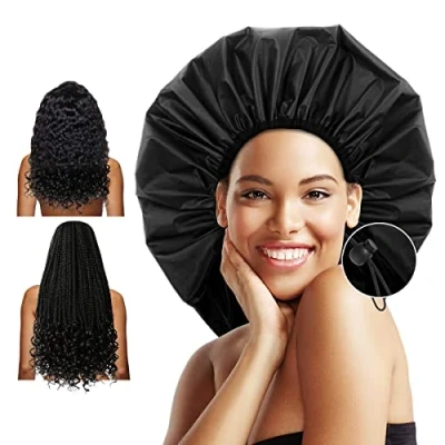 Image of Auban Extra Large Shower Cap, Double Layer Waterproof Reusable, XL Satin Lining Bonnet for Women Thick, Long Hair, Locs, Braids(Adjustable)