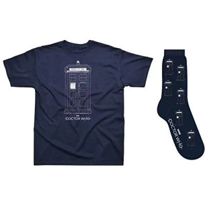 Image of Spike Leisurewear Officially Licensed Doctor Who T Shirt and Socks Set with Classic Tardis Design. Available in Sizes S XXL (Medium) Navy