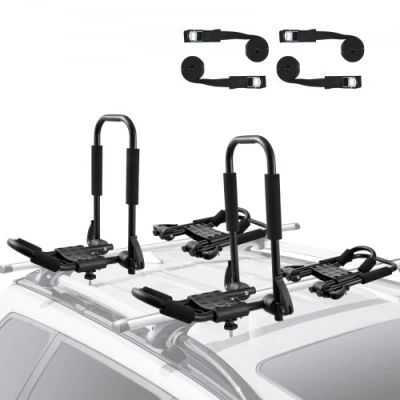Image of VEVOR Kayak Roof Rack 2 Pairs J Bar, Soft Quick Folding, Top Mount Tie Down, Carrier for Kayak, Surf Board, Canoe, SUP, Ski on Car, SUV, Truck, Kayaks