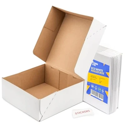 Image of Packaging Hero 20 x 8 cm aprox. (8&quot; 8&quot; 3&quot;) Corrugated Cardboard Mailing boxes, shipping gift e commerce boxes with free clear round stickers (Pack of 10)