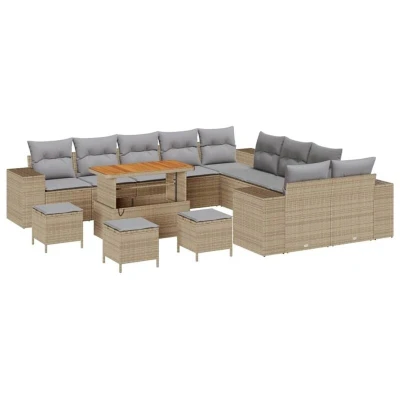 Image of vidaXL 14 Piece Garden Sofa Set with Cushions Beige Poly Rattan Acacia