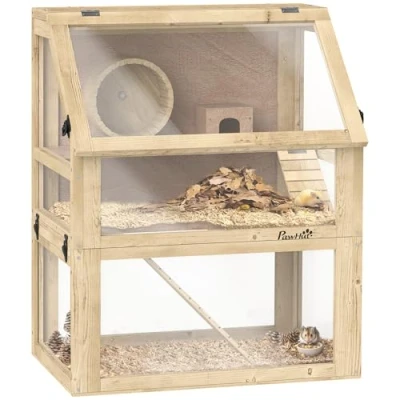 Image of PawHut Wooden Hamster Cage, 3 Tier Gerbil Cage with Detachable 32cm Deep Bottom, Hut, Seesaw, Exercise Wheel, Ramps, 60 x 40 75cm, Natural Wood Finish