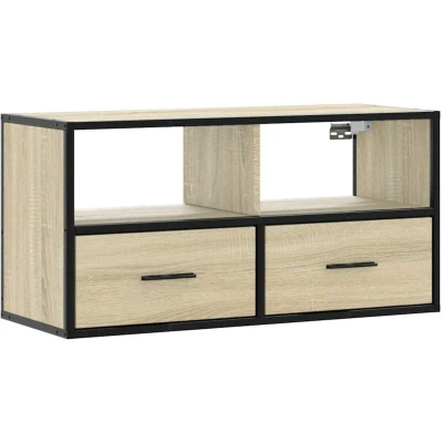 Image of vidaXL sonoma oak tv cabinet with metal frame wall mounted media stand 80x31x39.5 cm engineered wood ample storage modern console for living room/lounge area easy assembly