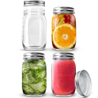 Image of volila Glass Mason Jars with Lids 490ml Leakproof for Airtight Seal, Overnight Oats Round Jar Silver Screw Lid Salad, Pickling, and Canning (4 Pack)
