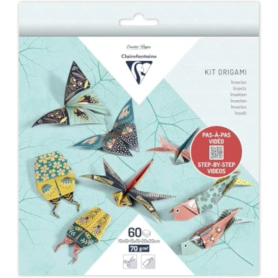 Image of Clairefontaine Ref 95366C Origami Paper Kit (Pack of 60 Sheets) 3 Assorted Sizes, 70gsm Paper, Printed Design on Front &amp; Plain Backs Insects to Make