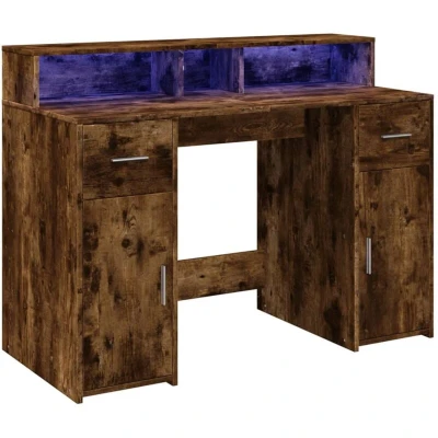 Image of vidaXL Desk with LED Lights Smoked Oak Engineered Wood Writing/Working Table, 120x55x91 cm, Office/Gaming Space, Drawers &amp; Compartments, Adjustable RGB Lighting