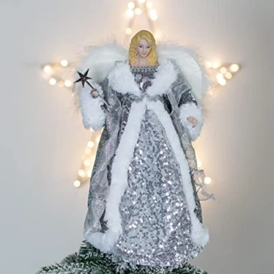 Image of Christmas Workshop 12&quot; Silver &amp; White Dress Tree Top Angel