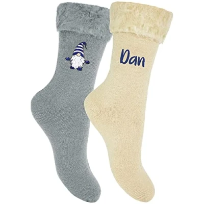 Image of Men&#039;s Personalised Gonk Gnome Thermal Bed Socks Gift Set (Grey &amp; Cream) (Blue Gonk)