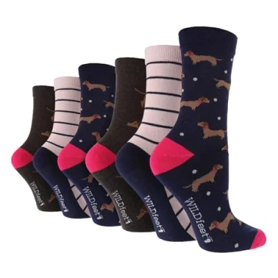Image of WILDFEET 6 Pair Multipack Ladies Fun Design Socks Cute Novelty Animal Pattern (4 8, Dashchund)