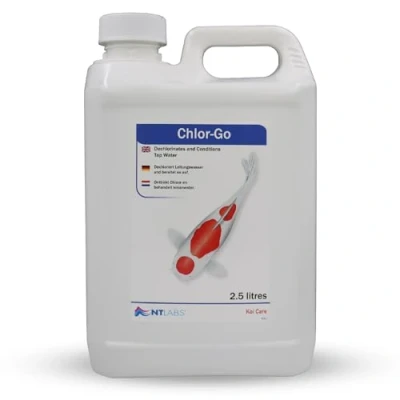 Image of NT Labs Koi Care Chlor Go, Tap Water Chlorine Remover, Pond Dechlorinator, Rapid Removal of Chlorine, Chloramine, Other Halogens and Heavy Metals Making Safe for Koi. SIZE 2.5 Ltr