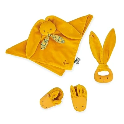 Image of Kaloo Lapinoo Newborn Gift Set Ochre Colour 3 Baby Accessories Baby’s Comforter + Teething Ring Booties 11 cm 0 Months +, K218011