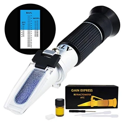 Image of GAIN EXPRESS 3 in 1 Honey Refractometer Brix/Moisture/Baume Tester Meter ATC, Tri Scale 58 90%/12 27%/38 43Be&#039;, Sugar Water Content Level Beekeeping Maple Syrup, Test Kit w/Calibration Oil &amp; Block