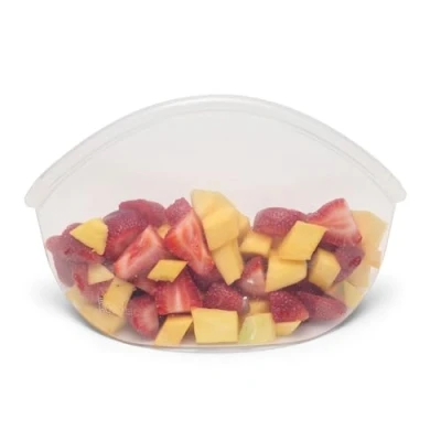 Image of Food Huggers Hugger Bags Silicone Reusable Lunch &amp; Snack Bag Durable Storage, BPA Free, Dishwasher Freezer Safe, Stand Up Resealable Produce Pouch Large 30 fl oz, Clear