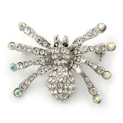 Image of Avalaya Clear, AB Crystal Spider Brooch in Rhodium Plating 37mm Width