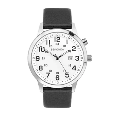 Image of Sekonda Easy Reader Mens 46mm Quartz Watch in White with Analogue Date Display, and Black Leather Strap 30125