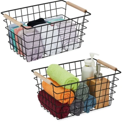 Image of Relaxdays Wire Basket, Wooden Handles, Square, Lattice Design, Clothes, Accessories, Metal, HWD: 16 x 31 21 cm, Black, Wood
