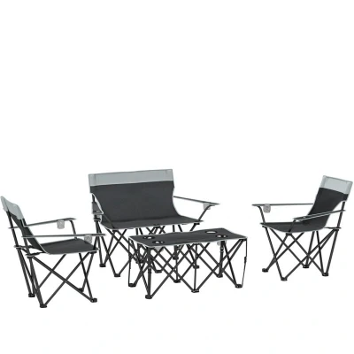 Image of Outsunny 4 Piece Foldable Camping Table and Chairs Set, Portable Picnic with 3 Chairs, Cup Holders Carrying Bag, Outdoor Lightweight Chair Set for BBQ, Picnic, Parties, Grey