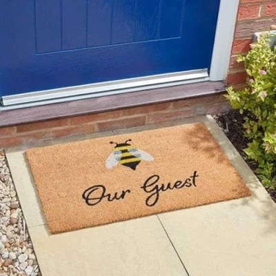 Image of HomeZone Welcome Mat Decoir Doormat Door Natural Look Slip Resistant PVC Backing Safe Anti Indoor Outdoor Use (Bee Our Guest)