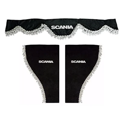 Image of VNVIS Modern Blue Velvet Plush Curtains with White Pom Poms for Scania Trucks (Black, 3PC)
