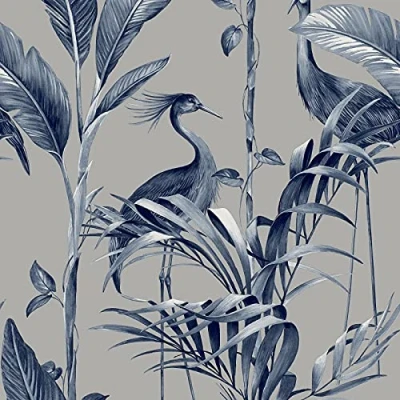 Image of Azzurra Wallpaper Wood Tropical Metallic Leaf Navy Silver