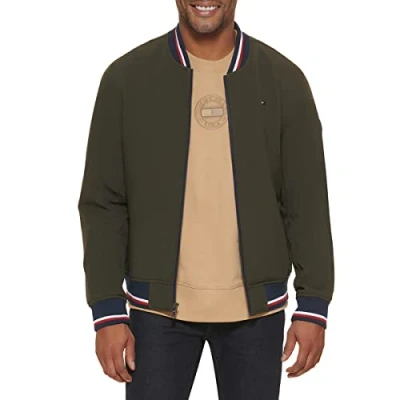 Image of Tommy Hilfiger Men&#039;s Lightweight Varsity Rib Knit Bomber Jacket Shell, Olive Softshell, XXL