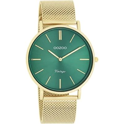 Image of Oozoo Vintage Women&#039;s Watch in Two Tone Gold/Green with Milanese Metal Strap Analogue Round, Gold/Green, 40mm Gehäuse/20mm Armbandbreite, Bracelet
