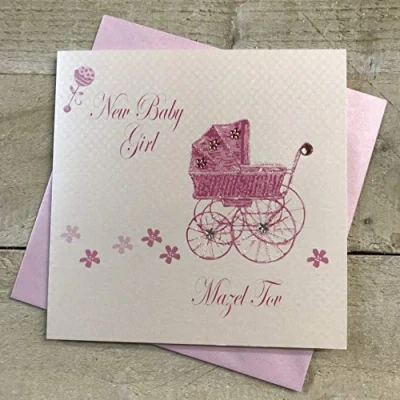 Image of WHITE COTTON CARDS Girl Mazel Tov, Handmade Jewish New Baby Card (Pink Pram)